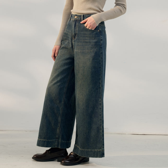 Retro High Waist Jeans Women Autumn Casual Pants with Pockets Simple Loose Wide Leg Straight Pants Trendy