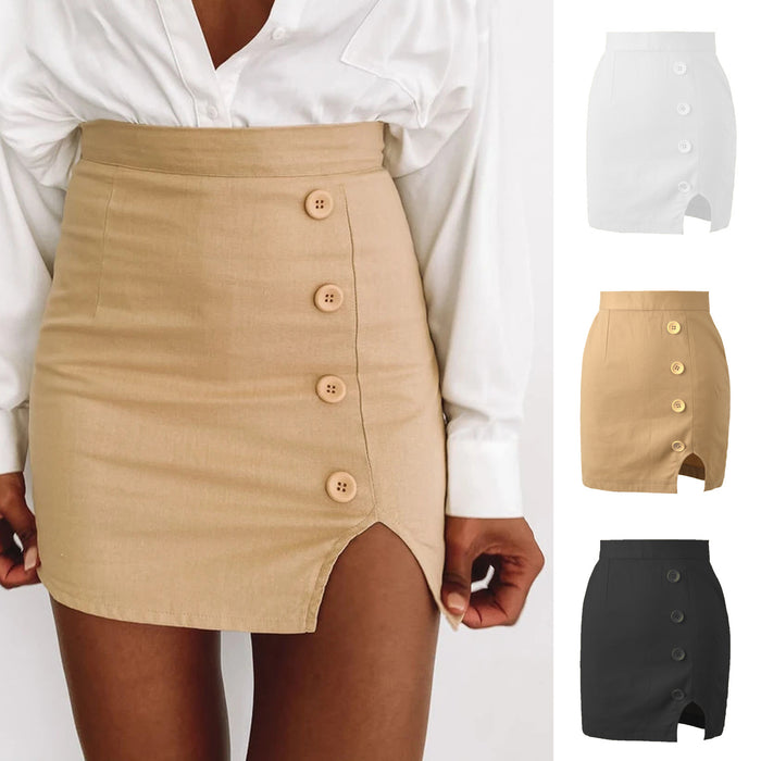 WomenSexy Sheath Slim A- line Skirt High Waist Button Split Solid Skirt Women