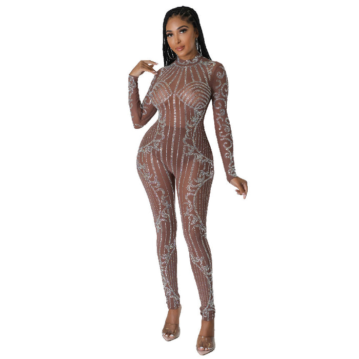 See Through Rhinestone Long Sleeve Cocktail Socialite One Piece