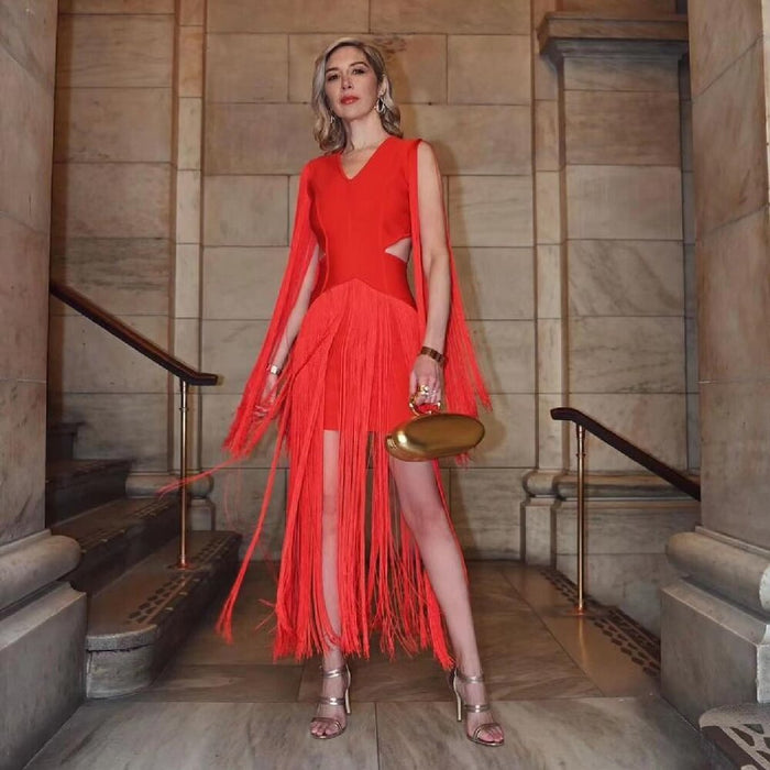 High End Women Clothing Tassel Red Dress Sexy V neck Side Cropped Outfit Sleeveless Cocktail Party Dress