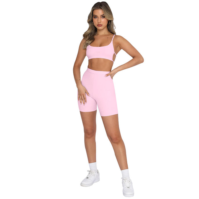 Summer Solid Color Sexy Sling Backless Top Women Clothing Sports Shorts Suit