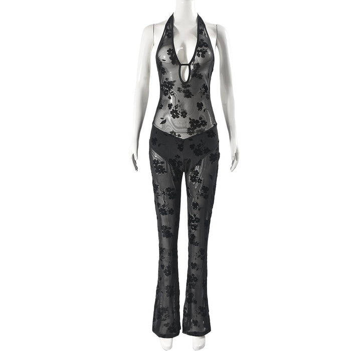 Clothing Sexy V neck Sleeveless Trousers Lace up See through Jumpsuit