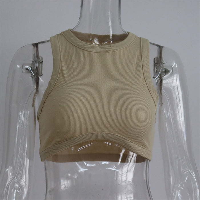 Round Neck Rib Sports Vest Spring Summer Sexy Cropped Slimming Waist I Shaped Short Top