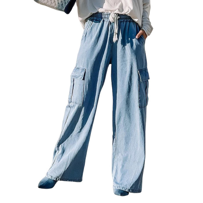 Spring Summer Solid Color High Waist Multi Pocket Jeans Women Casual Wind Drape Mop Wide Leg Pants