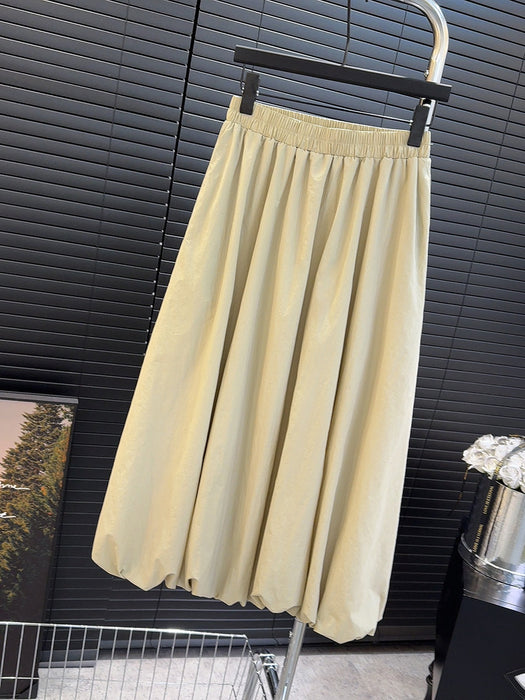 Solid Color Puffy Elastic Waist High Waist Skirt Women Summer Slimming Mid Length Pocket A line Skirt