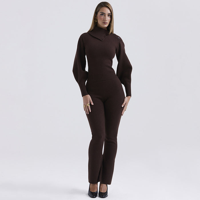 Winter Two Piece Set Sexy Trend Hooded Long Sleeve Straight Leg Pants Knitting Suit