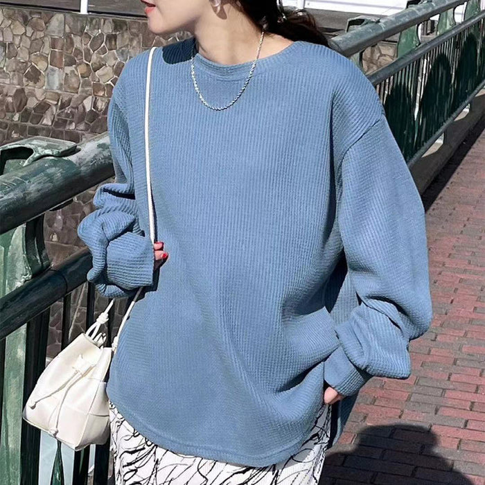 Autumn T shirt Women Loose Casual High Grade Waffle Niche Solid Color Slimming Round Neck Bottoming Shirt Long Sleeve