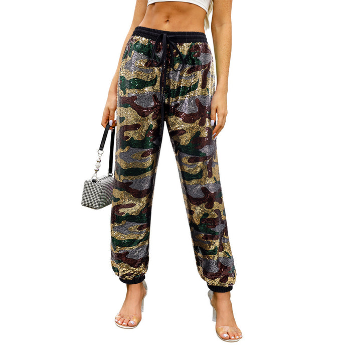 Camouflage Sequined Casual Trousers Elastic High Waist Bandage Loose Straight Leg Ankle Banded Pants