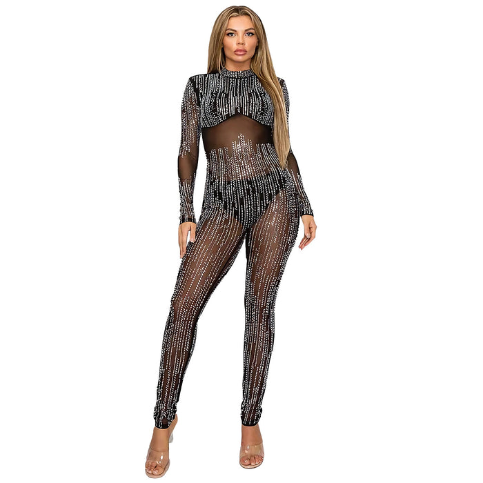 Women Sexy See through Jumpsuit Trousers Two Piece Set