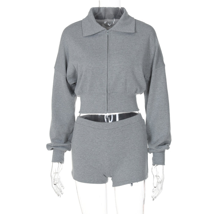 Women Autumn Polo Collar Long Sleeve Zipper Cardigan Sweater Ultra Short Tight Shorts Suit