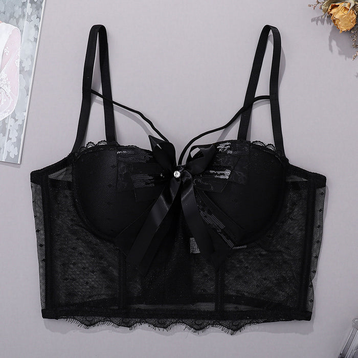 Sequined Bow Thin Bra See through Dress Spaghetti Straps Outerwear Women with Steel Ring Lace Mesh Tops