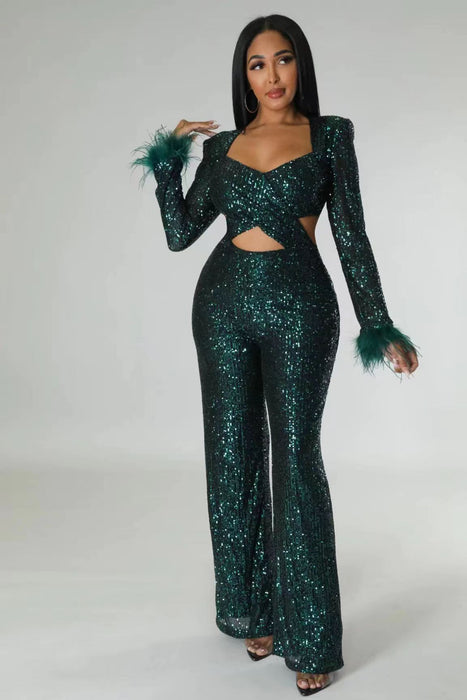 Autumn Winter Long Sequined Feather Hollow Out Cutout Out Slim Fit Long Sleeve Socialite Gathering Jumpsuit