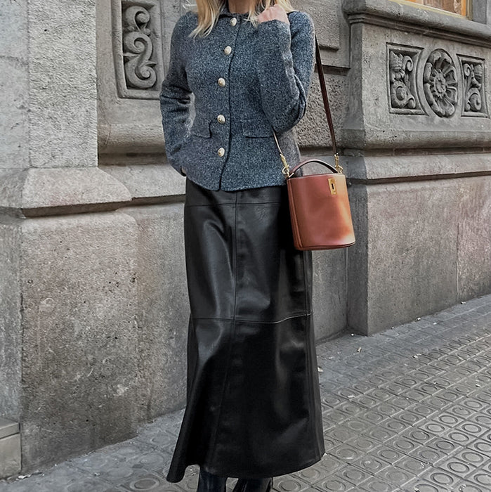 Retro Minimalist High Waist A Hem Fleece-lined Leather Skirt Split Faux Leather Skirt Autumn Winter Maxi Women