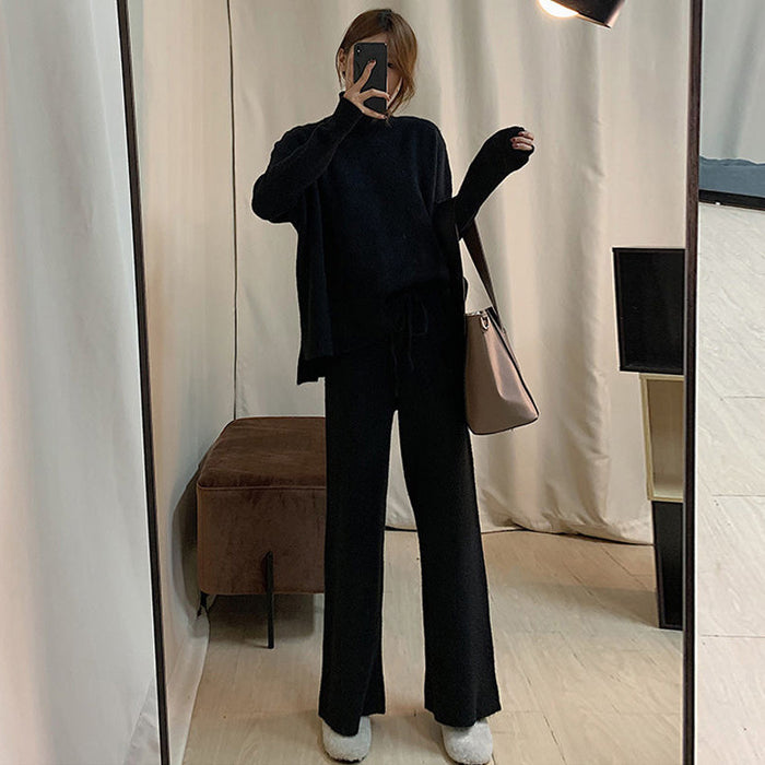 Spring Lazy Wind Casual Loose Waist Turtleneck Sweater Wide Leg Pants Knitting Suit Women Three Piece Suit