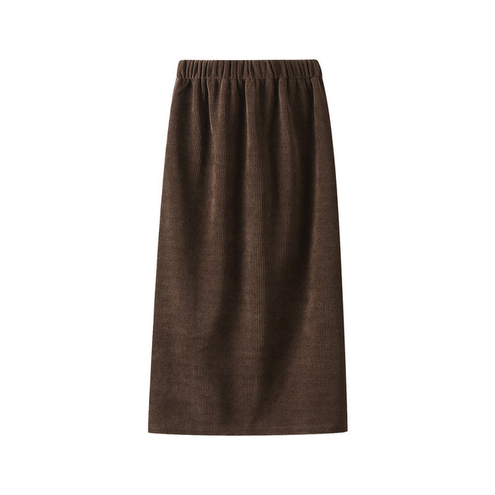 Autumn Winter Corduroy Fleece lined Elastic High Waist Skirt Women Slimming A line Straight Slit Sheath Skirt Long Skirt