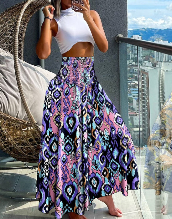 Women Clothing Printed Waist-Controlled Casual Trousers Wide Leg Pants