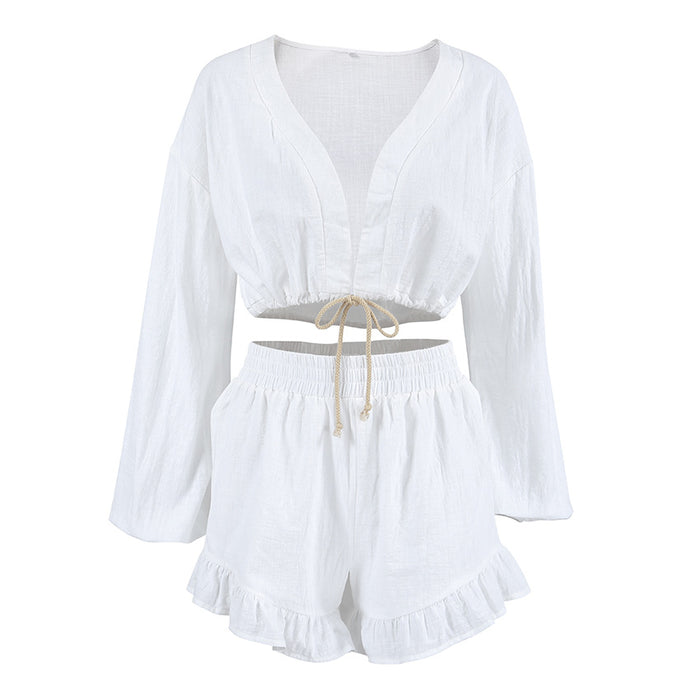 White Cotton Linen V neck Puff Sleeve Short Cropped Top Pants Set Autumn Two Piece Sets