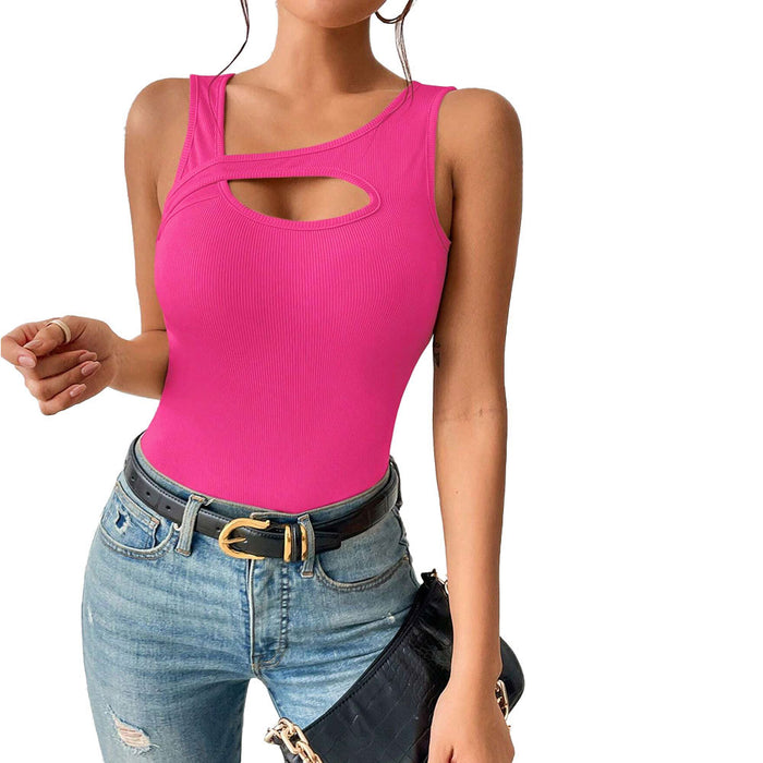 Women Clothing Slim Fit Sexy Knitted Solid Color Hollow Out Cutout Vest T shirt Top