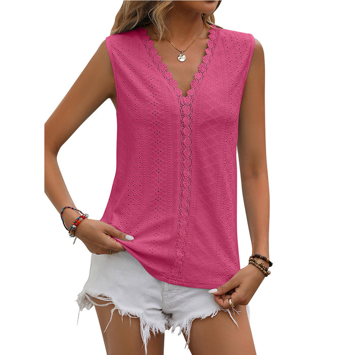 Summer Women Clothing Solid Color Hole Mesh V neck Sleeveless Vest