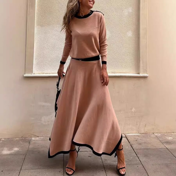 Spring Autumn Long Sleeve Irregular Asymmetric Solid Skirt Two Piece Set