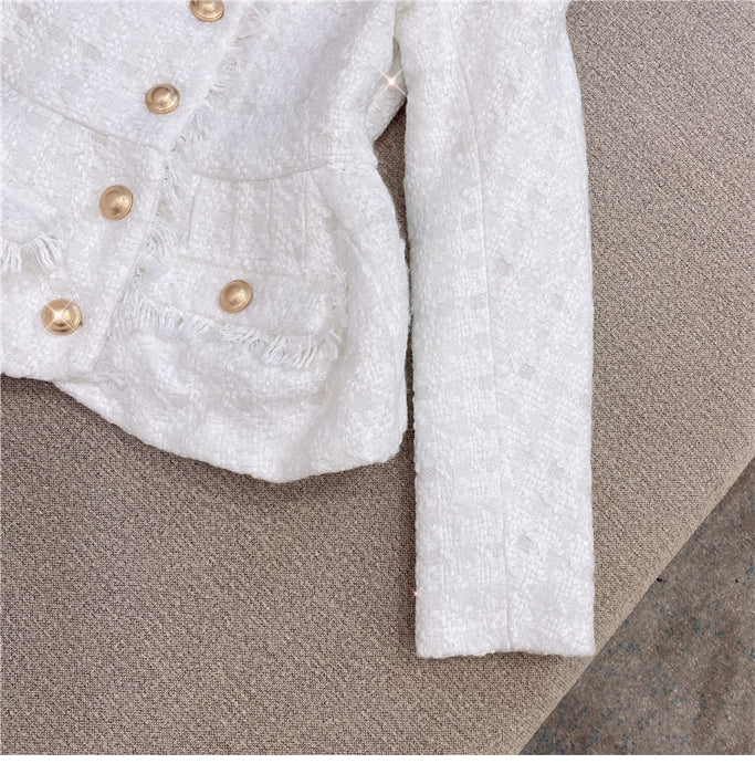 Autumn Winter Chanel-Style White Shiner Tweed Coat Jacket Shorts Suit Two-Piece Set