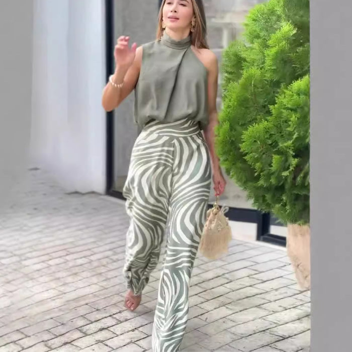 Summer Sleeveless Halter Top Zebra Print Wide Leg Pants Two Piece Set Women Clothing