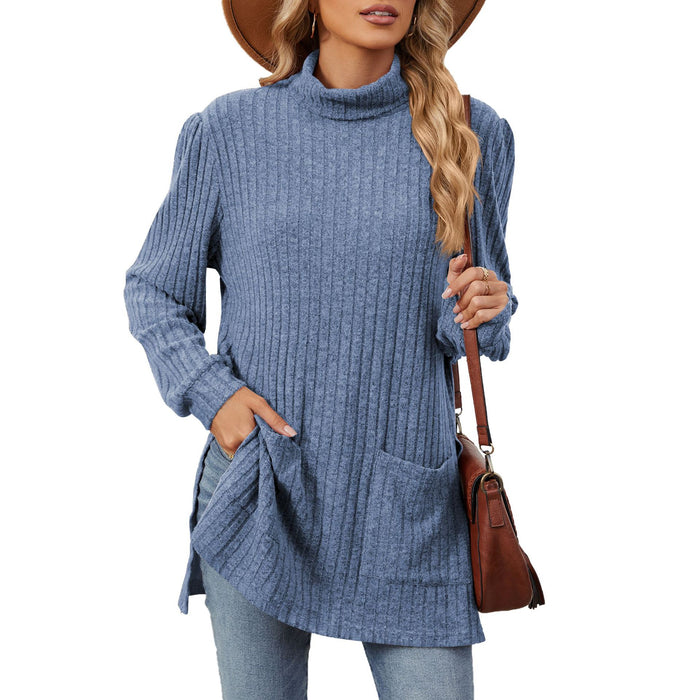 Autumn Winter Half High Collar Long Sleeves Loose Split Pocket T shirt Top