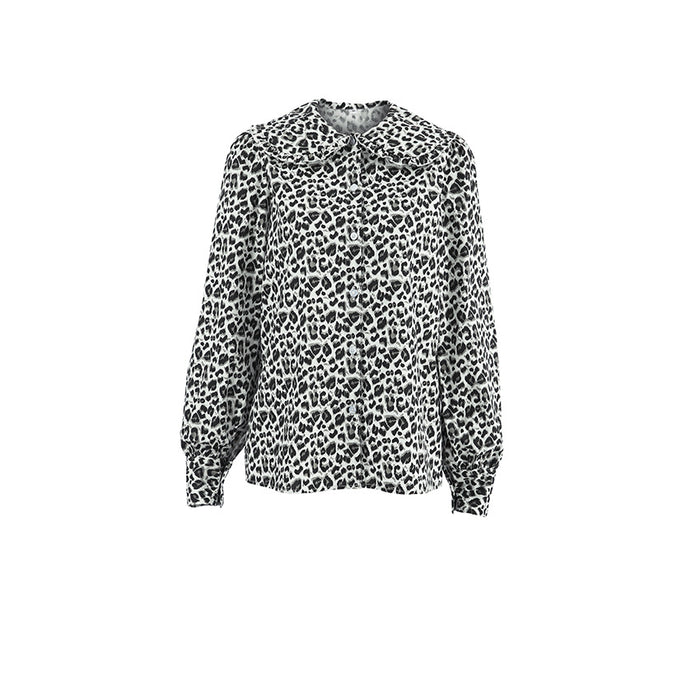 Sexy Cotton Leopard Print Collared Long Sleeve Women Shirt Spring Summer Top