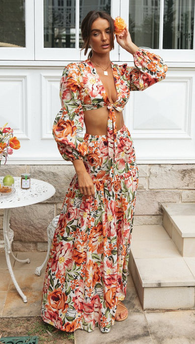 Women Clothing Tropical Floral Printed Chest Lace-up Short Long Sleeve Slit Hemline at Hem Large Swing Skirt Set