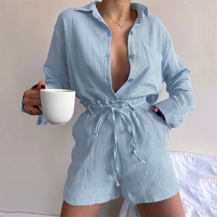 Women Clothing Suit Pure Cotton Summer Collared Long Sleeve Shirt High Waist Pocket Shorts Two Piece Set