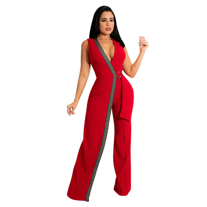 Spring Deep V Plunge Neck Slim Fit Jumpsuit Simple Smart Trousers Containing Belt