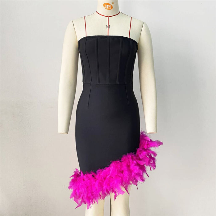 Sexy Tube Top Bandage Dress Irregular Asymmetric Feather Waist Dress Party Dress