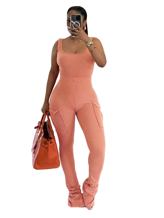 Casual Women Wear Autumn Winter Elastic Twist Strip High Waist Jumpsuit Overalls Trousers Set