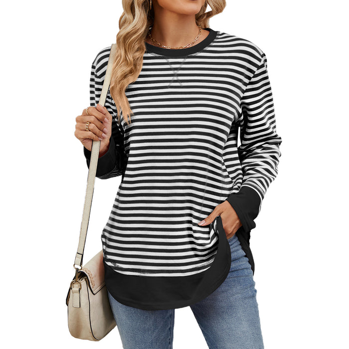 Autumn Winter Striped Contrast Color round Neck Loose Long Sleeve Sweatershirt Top for Women