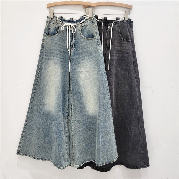 Korean Chic Drawstring Low Waist Jeans Women Autumn Loose Wide Leg Mop Pants High Street