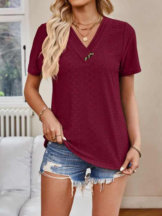 Top Summer Women Clothing Solid Color Cross V neck Buttons T shirt Top