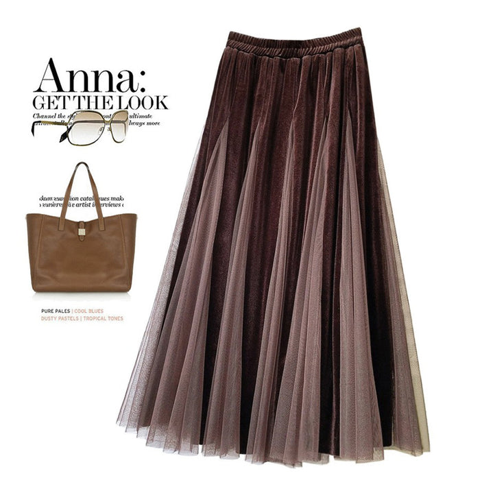 High Waist Slimming A Line Pleated Skirt Mesh Skirt Women Autumn Elastic Waist All Match Large Swing Skirt