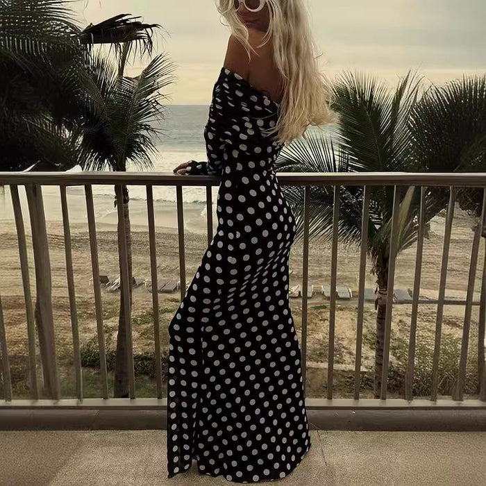 Spring Summer Gauze Polka Dot Stitching off Shoulder Sexy Slim Dress for Women