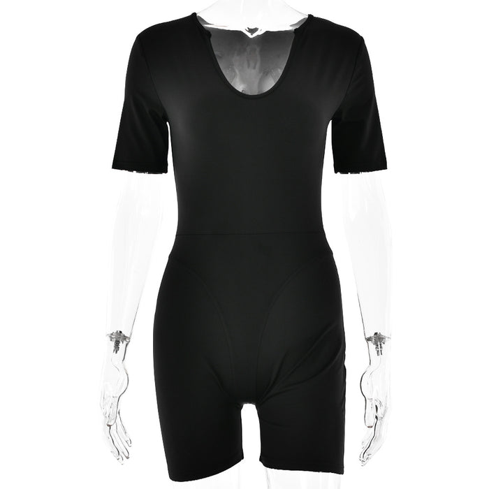 Popular Sexy Tight Jumpsuit Spring Summer Short Sleeve V Neck Patchwork Bottoming Shirt Women