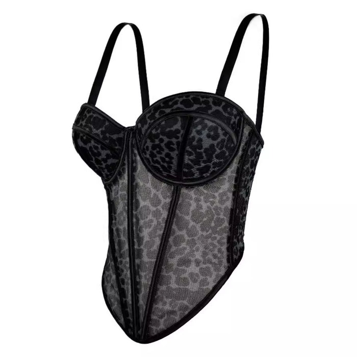 Sexy Leopard Print Stitching Bra Shoulder Straps High Grade Inner Mesh Lace See through Outer Wear Boning Corset Bra