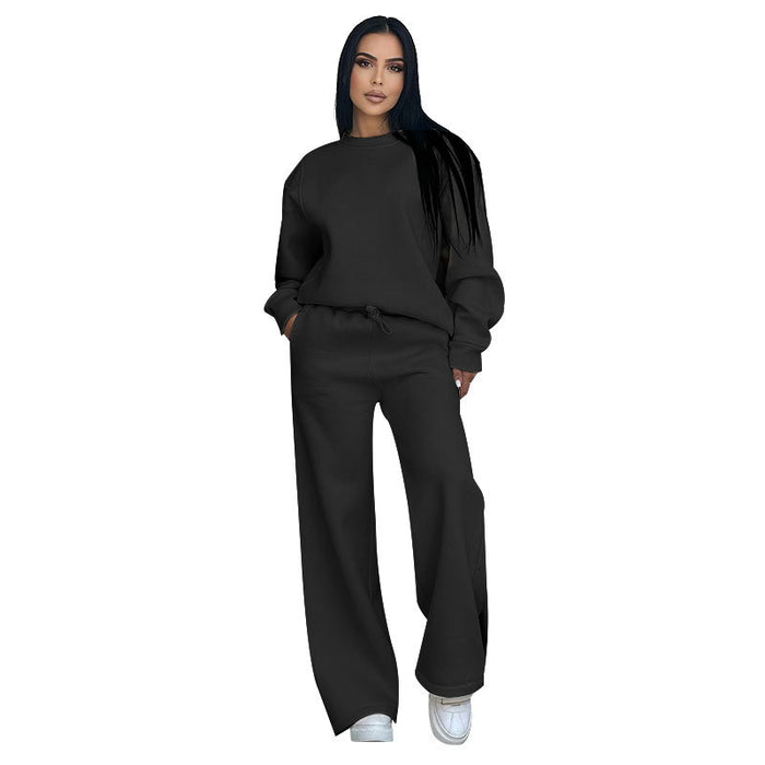 Autumn Winter Solid Color Round Neck Long Sleeve Loose Women Wear Casual Wide Leg Pants Suit