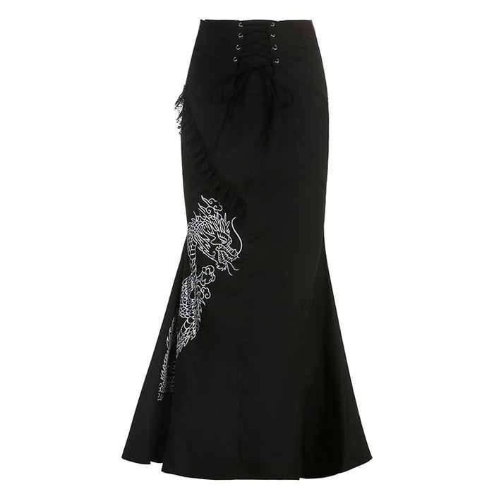 Street Retro Chinese Dragon Print Statement Lace up High Waist A line Loose Woven Skirt