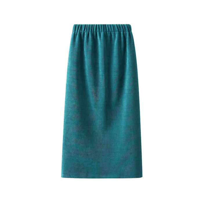 Autumn Winter Corduroy Fleece lined Elastic High Waist Skirt Women Slimming A line Straight Slit Sheath Skirt Long Skirt