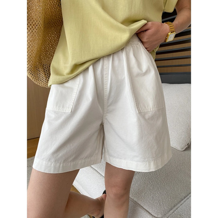 Fashionable Double Pocket Washed Cotton Office Elastic Waist Loose Straight Casual Shorts