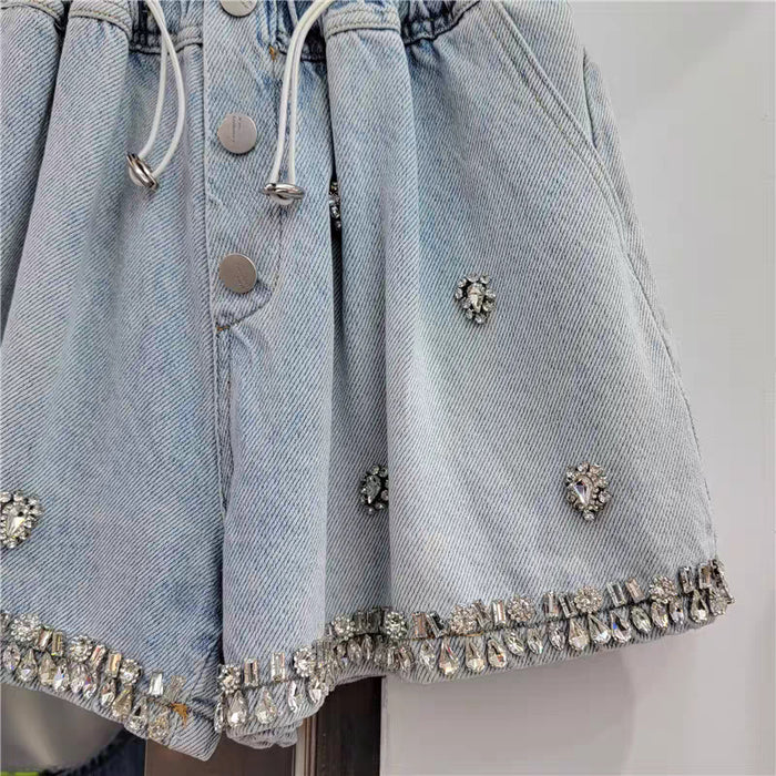 Spring Summer Exquisite Rhinestone Beaded High Waist Slimming Wide Leg Denim Shorts Women Pants