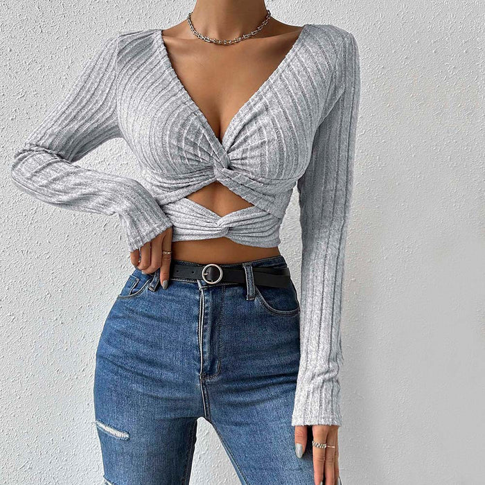 Women Clothing Sexy V neck T shirt Autumn Winter Sneaky Design Cropped Slim Fit Crop Top