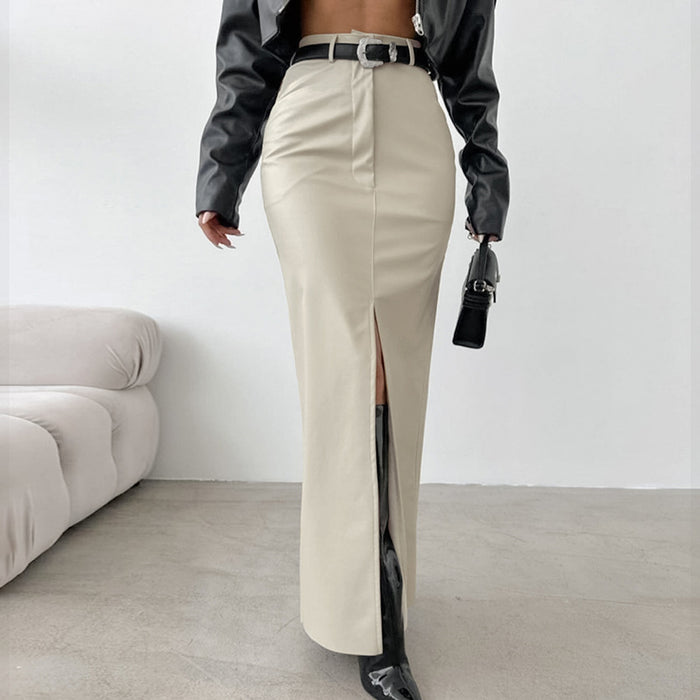 Autumn Premium Elegant Fleece Lined Matte Leather High Waist Slim Fit Sexy Slit Straight Skirt Women Wear No Belt