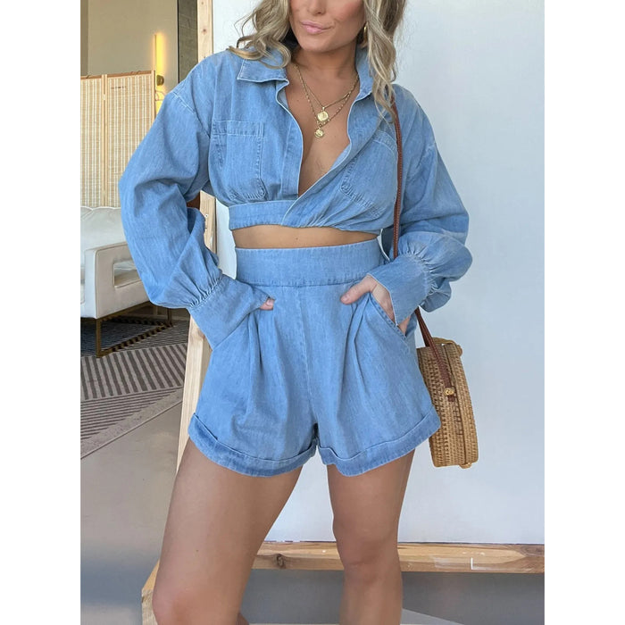 Women Wear Denim Shirt Deep V Plunge Long Sleeve Sexy Shorts Sets