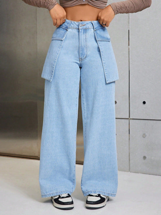 Women Clothing Casual Wide Leg Large Pocket Denim Trousers