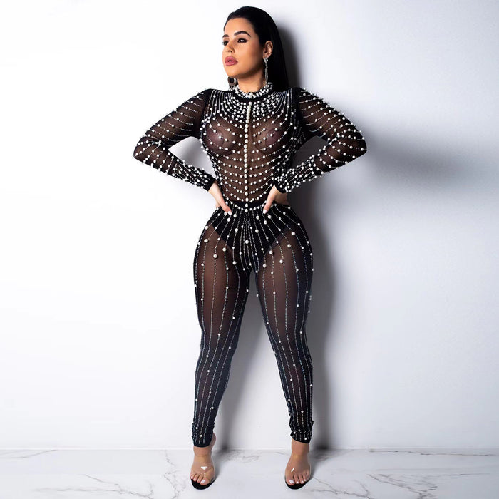 Sexy Slim Fit Sexy Nightclub Mesh See Through Rhinestone Bubble Beads Round Neck Long Sleeve Jumpsuit